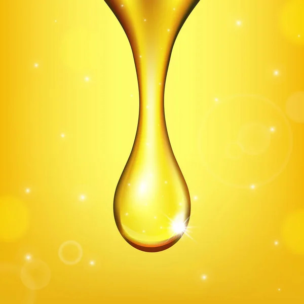 Ilustrasi vektor kreatif cairan emas bahan bakar zaitun yang realistis, tetesan minyak kuning, kolagen berkilau, madu yang diisolasi pada latar belakang transparan. Desain seni. Elemen grafis konsep abstrak - Stok Vektor