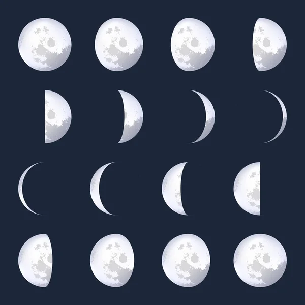 Creative vector illustration of realistic moon phases schemes isolated on transparent background. Art design lunar calendar. Different stages of moonlight activity. Abstract concept graphic element. — Stock Vector