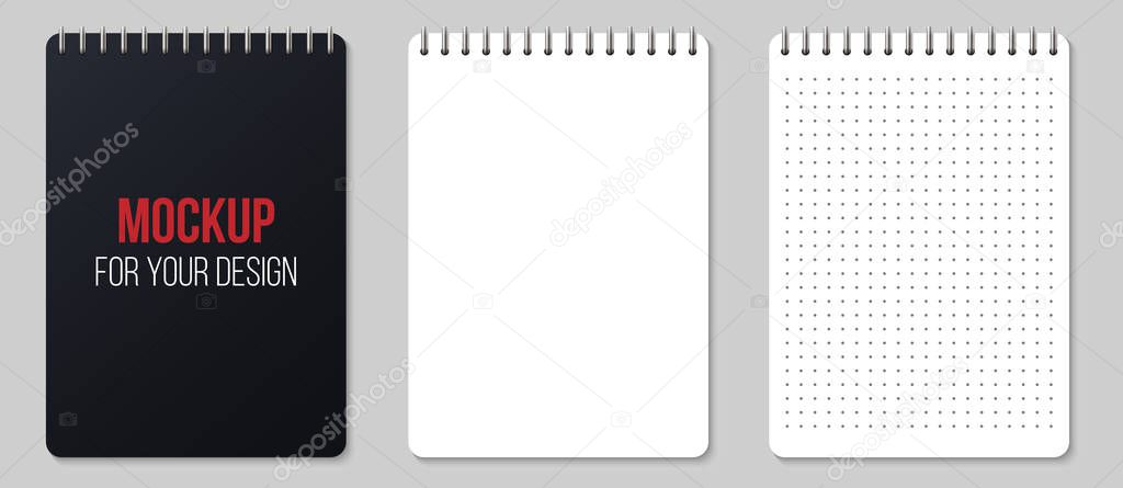 Creative vector illustration of realistic notebooks lined and dots paper page isolated on transparent background. Art design clean spiral notepad blank mockup template. Abstract graphic element