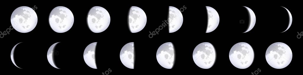 Creative vector illustration of realistic moon phases schemes isolated on transparent background. Art design lunar calendar. Different stages of moonlight activity. Abstract concept graphic element.