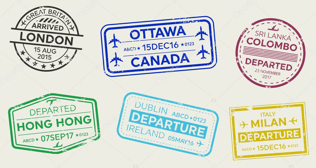 Creative vector illustration of international business travel visa passport stamp set isolated on transparent background. Art design variety rubber city arrival sign. Abstract concept graphic element.