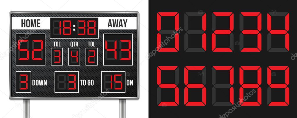 Creative vector illustration of american football scoreboard with infographics isolated on transparent background. Art design sport game score with digital LED dots. Abstract concept graphic element.