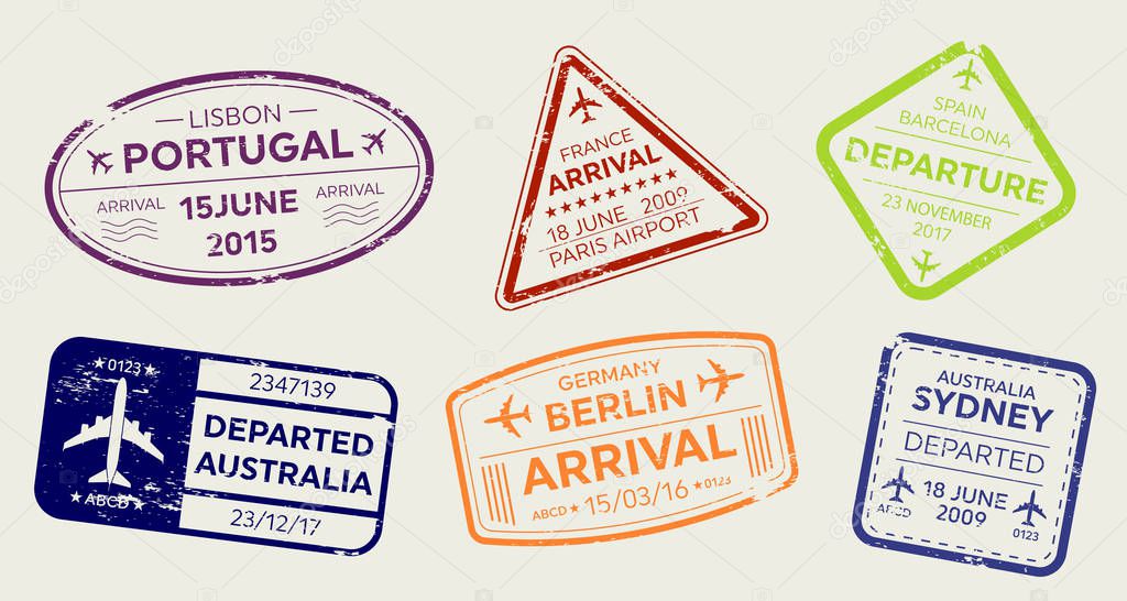 Creative vector illustration of international business travel visa passport stamp set isolated on transparent background. Art design variety rubber city arrival sign. Abstract concept graphic element.