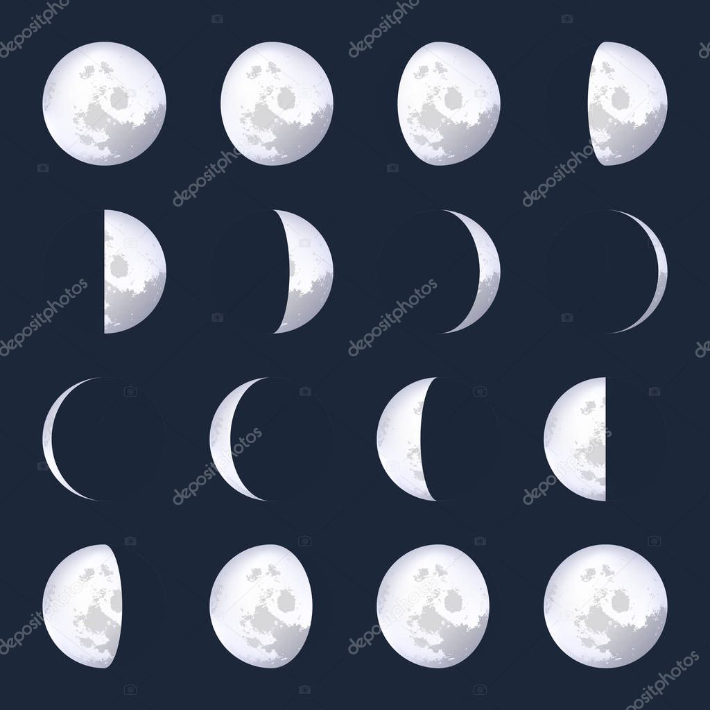 Creative vector illustration of realistic moon phases schemes isolated on transparent background. Art design lunar calendar. Different stages of moonlight activity. Abstract concept graphic element.