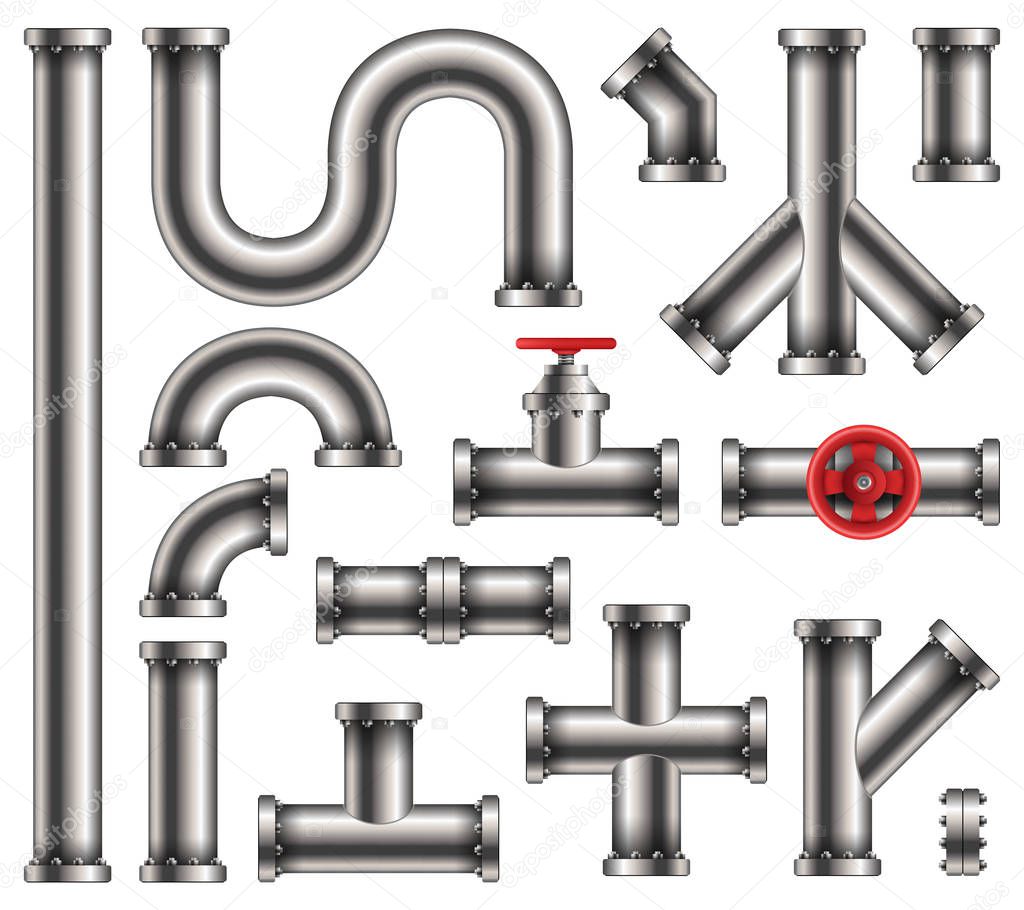 Creative vector illustration of steel metal water, oil, gas pipeline, pipes sewage isolated on transparent background. Art design abstract concept graphic ells, gate valve, fittings, faucet element