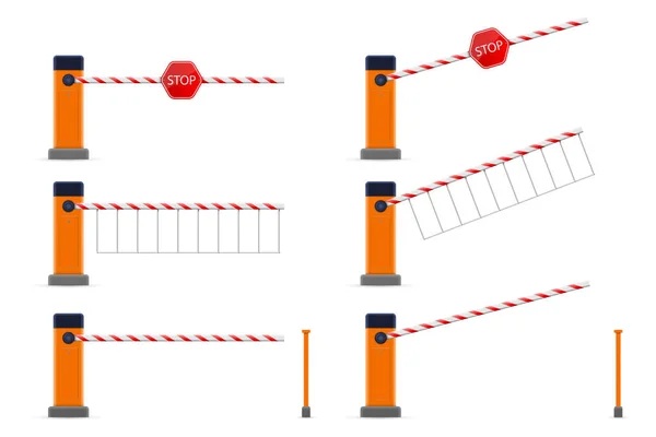 Kreatív vektoros illusztráció: nyitott, zárt parkoló autó akadály kapu set stoptábla elszigetelt átlátszó háttér. Art design utcai road stop határ. Elvont fogalom grafikai elem — Stock Vector