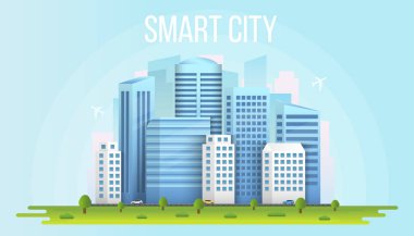 Akıllı şehir kentsel peyzaj üzerinde şeffaf arka plan izole yaratıcı vektör Illustration. Sanat tasarım sosyal medya iletişim internet ağı. Soyut kavram binalar, gökdelenler öğesi