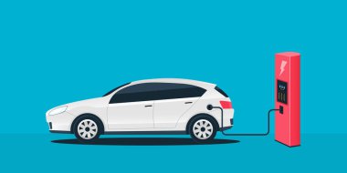 Yaratıcı vektör çizim elektrik şarj gelecekte araba, şeffaf arka plan üzerinde izole şarj istasyonu. Sanat tasarım electromobility e-motion şablonu. Soyut kavram grafik öğesi