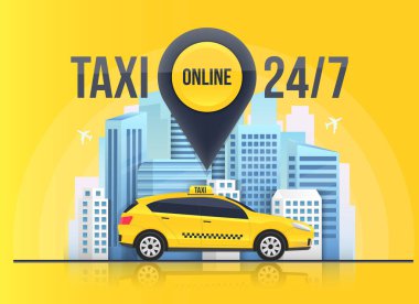 Saydam arka plan üzerinde izole taksi online hizmet afiş, kentsel şehir gökdelenler yaratıcı vektör Illustration. Sanat tasarım mobil uygulaması şablonu. Soyut kavram grafik öğesi
