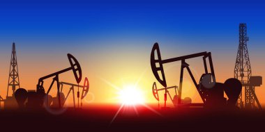 Petrol pompa sanayi siluet, alan etmek, yaratıcı vektör çizim arka plan üzerinde izole günbatımı üzerinde matkap teçhizat. Sanat tasarım şablonu. Soyut kavram grafik ekipman eleman
