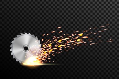 Dairesel testere tahta için yaratıcı vektör çizim, izole üzerinde şeffaf arka plan ile yangına kaynak metal işleri kıvılcım. Sanat tasarım şablonu. Soyut kavram grafik kaynak öğesi