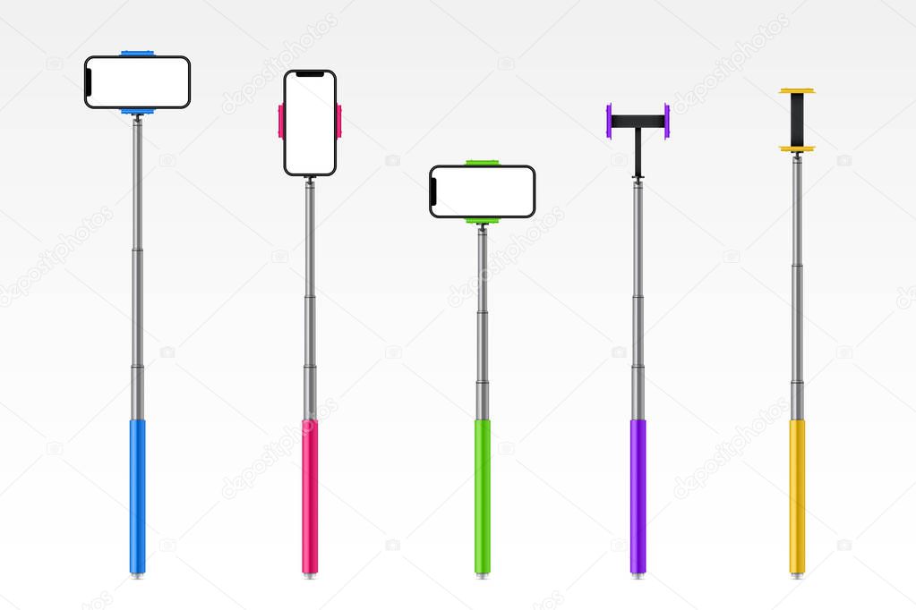 Creative vector illustration of monopod selfie stick with phone, smartphone isolated on transparent background. Art design template. Abstract concept graphic element