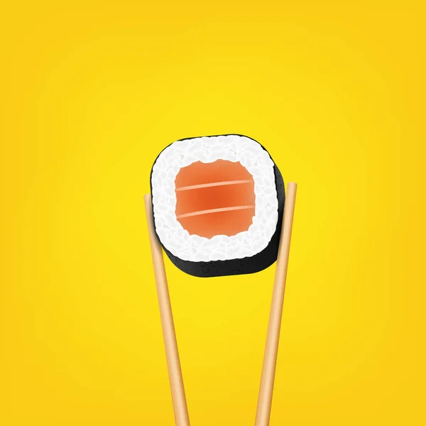 Creativa illustrazione vettoriale di bacchette che tengono pezzi di salmone sushi rotolo isolato su sfondo trasparente. Art design modello snack. Concetto astratto ristorante, bar, negozio menu elemento grafico — Vettoriale Stock