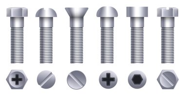 Yaratıcı vektör Illustration çelik pirinç cıvata, metal vida, demir çivi, perçin, contalar, fındık donanım yan görünüm üzerinde şeffaf arka plan izole. Sanat tasarım soyut kavram grafik öğesi