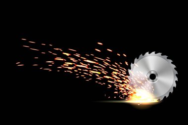 Dairesel testere tahta için yaratıcı vektör çizim, izole üzerinde şeffaf arka plan ile yangına kaynak metal işleri kıvılcım. Sanat tasarım şablonu. Soyut kavram grafik kaynak öğesi