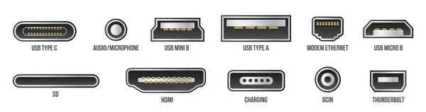 Illustration vectorielle créative de l'ordinateur USB connecteurs universels icône symbole isolé sur fond transparent. Mini, micro, foudre, type A, B, C plugs design. Concept abstrait élément graphique — Image vectorielle