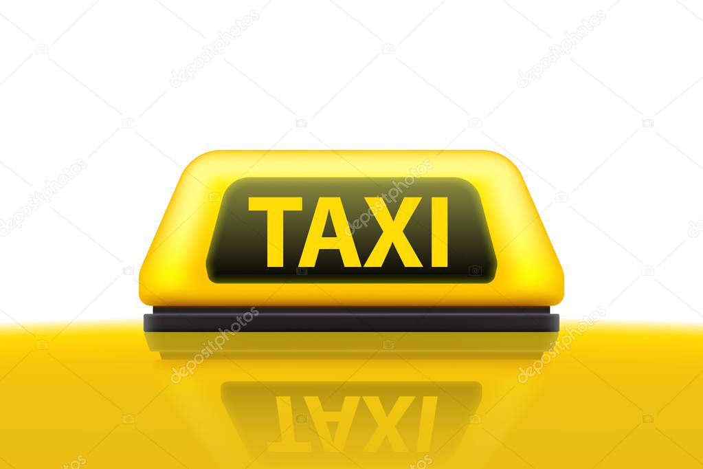 Creative vector illustration of yellow taxi service car roof sign on the street at night blurred lighting background. Art design template. Abstract concept graphic bokeh element