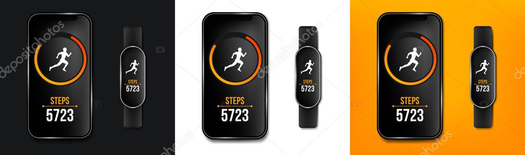 Creative vector illustration of fitness counter run app in phone and wrist band bracelet, activity tracker isolated on background. Art design smartphone template. Abstract concept graphic element