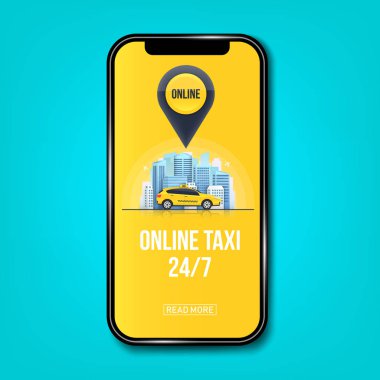 Saydam arka plan üzerinde izole taksi online hizmet afiş, kentsel şehir gökdelenler yaratıcı vektör Illustration. Sanat tasarım mobil uygulaması şablonu. Soyut kavram grafik öğesi