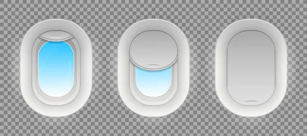 Illustration vectorielle créative de la fenêtre de l'avion de vol, hublots vides isolés sur fond transparent. Avion design d'art illuminateur ouvert et fermé. Concept abstrait élément graphique — Image vectorielle