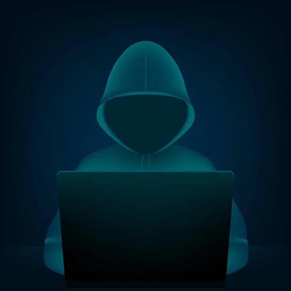 Creative vector illustration of computer hacker with hoodie and dark obscured face, pc laptop on background. Art design cybersecurity, internet security template. Abstract concept graphic element — Stock Vector