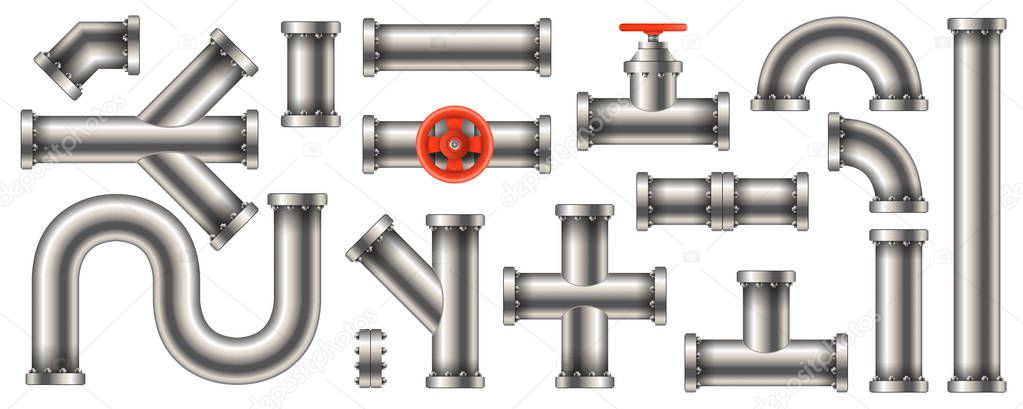 Creative vector illustration of steel metal water, oil, gas pipeline, pipes sewage isolated on transparent background. Art design abstract concept graphic ells, gate valve, fittings, faucet element