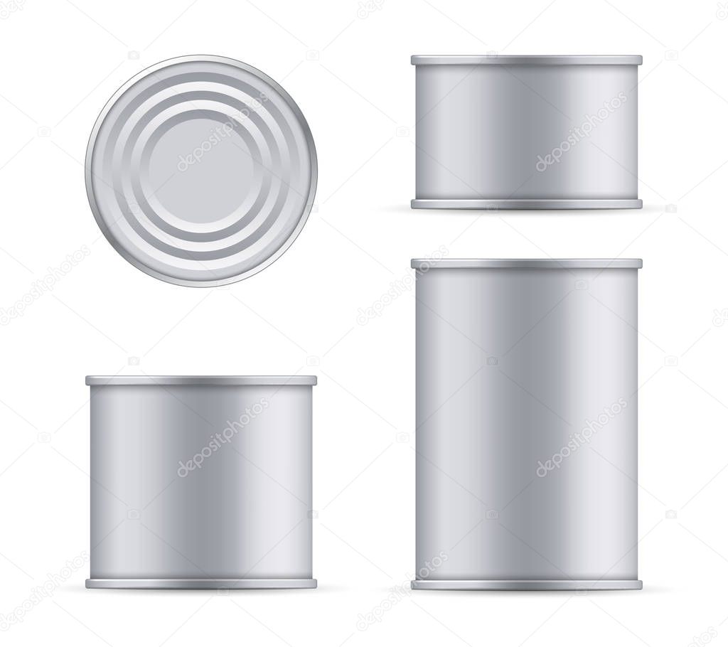 Creative vector illustration metal tin can of tuna top and front view isolated on transparent background. Art design food aluminum, steel packaging template mock up. Abstract concept graphic element