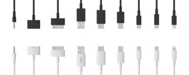Cep telefonu usb şarj fişleri üzerinde şeffaf arka plan izole yaratıcı vektör Illustration. Sanat tasarım akıllı telefon evrensel şarj aksesuarları. C tipi arabirimleri, bağlanmak bağlantı noktaları öğesi