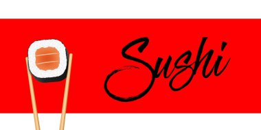 Somon suşi adet rulo üzerinde şeffaf arka plan izole tutan chopsticks yaratıcı vektör Illustration. Sanat tasarım Aperatif şablonu. Soyut kavram Restoran, bar, dükkan menü grafik öğesi