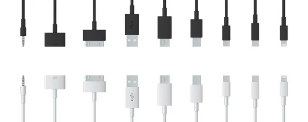 Kreativa vektorillustration av mobiltelefon-USB-laddningskabel pluggar isolerad på transparent bakgrund. Konst design smart telefon universal laddare tillbehör. Typ c gränssnitt, ansluta hamnar elementet — Stock vektor