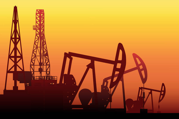 Creative vector illustration of oil pump industry silhouette, field pumpjack, rig drill over sunset isolated on background. Art design template. Abstract concept graphic equipment element