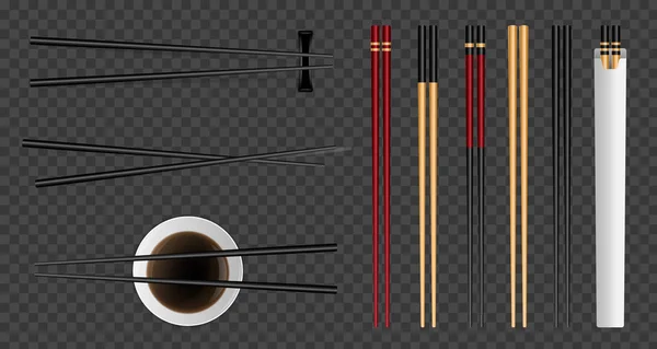 Ilustrasi vektor kreatif dari sumpit makanan sushi diset dengan kecap diisolasi pada latar belakang transparan. Desain seni templat peralatan bambu tradisional Asia. Elemen grafis konsep abstrak - Stok Vektor