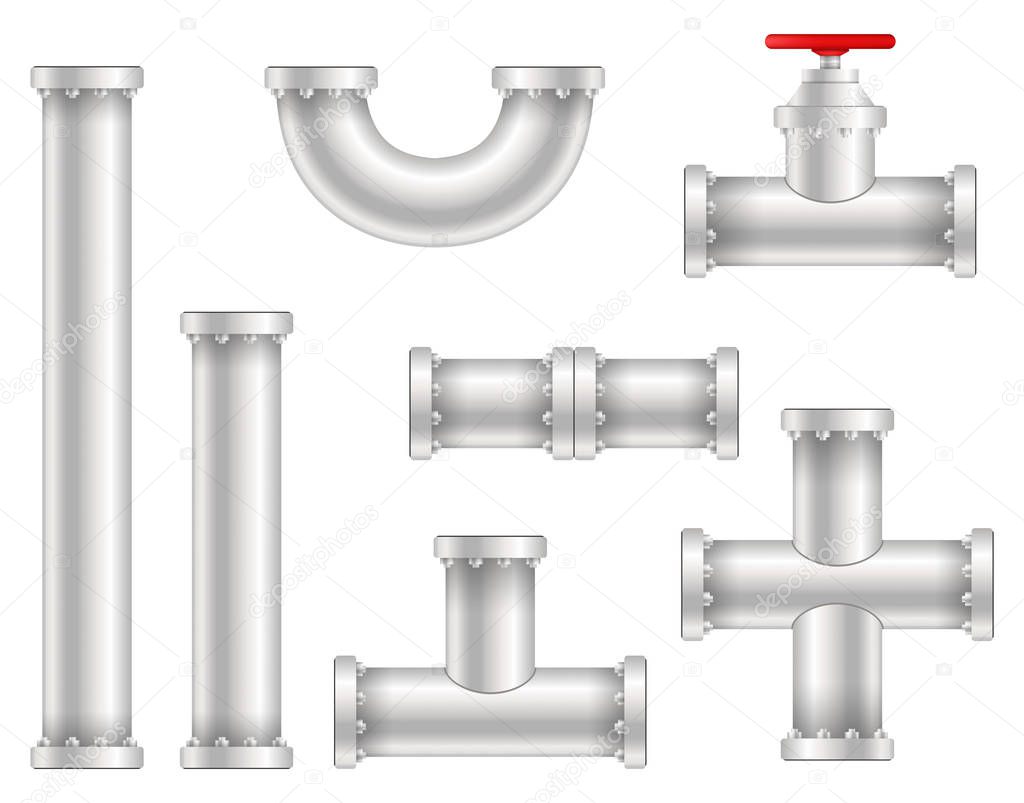 Creative vector illustration of plastic water, oil, gas pipeline, pipes sewage isolated on transparent background. Art design abstract concept graphic ells, gate valve, fittings, faucet element