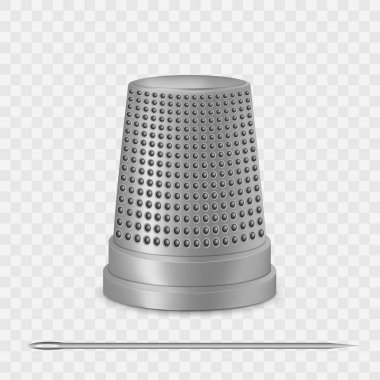 İğne, şeffaf beyaz arka plan üzerinde izole yüksük yaratıcı vektör Illustration. Sanat tasarım dikiş terzi araçları ve aksesuarları. Soyut kavram grafik gümüş metal vintage elemanı