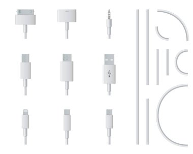 Cep telefonu usb şarj fişleri üzerinde şeffaf arka plan izole yaratıcı vektör Illustration. Sanat tasarım akıllı telefon evrensel şarj aksesuarları. C tipi arabirimleri, bağlanmak bağlantı noktaları öğesi