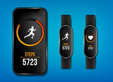 Fitness sayaç yaratıcı vektör çizim telefon ve bilek band bilezik, etkinlik İzleyicisi'ni arka plan üzerinde izole app çalışır. Sanat tasarım smartphone şablonu. Soyut kavram grafik öğesi