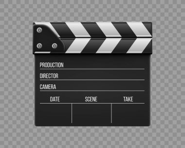 3d gerçekçi film klaket, film clapper şeffaf arka plan üzerinde izole yaratıcı vektör Illustration. Sanat tasarım sinema kayrak pano şablonu. Soyut kavram grafik film yapımı öğesi