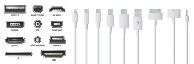Usb bilgisayar evrensel bağlayıcılar simgesi simgesi üzerinde şeffaf arka plan izole yaratıcı vektör Illustration. Mini, mikro, şimşek, tip A, B, C tasarım fişler. Soyut kavram grafik öğesi