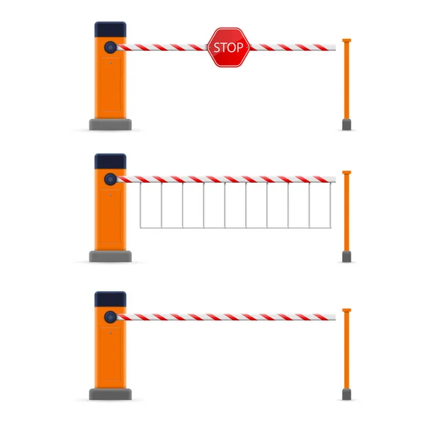 Creatieve vectorillustratie van open, afgesloten parkeren auto barrière gate set met stopbord geïsoleerd op transparante achtergrond. Art design straat weg stoppen border. Abstract begrip grafisch element — Stockvector