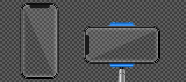 Ilustrasi vektor kreatif dari tongkat monopod selfie dengan layar seluler kosong diisolasi pada latar belakang transparan. Desain seni mengejek templat foto smartphone. Elemen grafis konsep abstrak - Stok Vektor