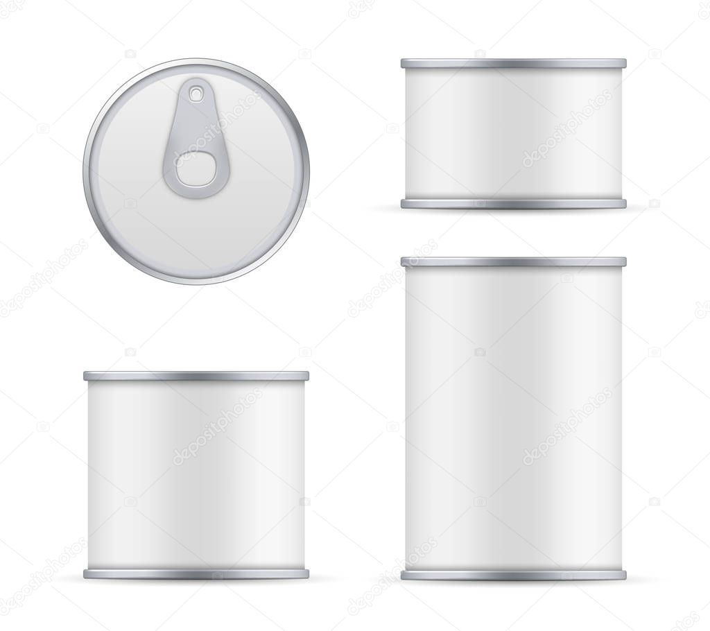 Creative vector illustration metal tin can of tuna top and front view isolated on transparent background. Art design food aluminum, steel packaging template mock up. Abstract concept graphic element