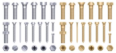 Yaratıcı vektör Illustration çelik pirinç cıvata, metal vida, demir çivi, perçin, contalar, fındık donanım yan görünüm üzerinde şeffaf arka plan izole. Sanat tasarım soyut kavram grafik öğesi