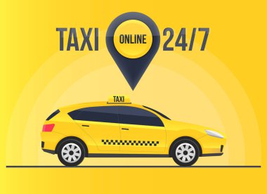 Saydam arka plan üzerinde izole taksi online hizmet afiş, kentsel şehir gökdelenler yaratıcı vektör Illustration. Sanat tasarım mobil uygulaması şablonu. Soyut kavram grafik öğesi