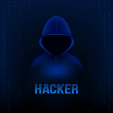 Bilgisayar korsanı hoodie ve karanlık gizli yüz, arka plan üstünde pc laptop ile yaratıcı vektör Illustration. Sanat tasarım cybersecurity, Internet güvenlik şablonu. Soyut kavram grafik öğesi