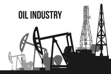 Petrol pompa sanayi siluet, alan etmek, yaratıcı vektör çizim arka plan üzerinde izole günbatımı üzerinde matkap teçhizat. Sanat tasarım şablonu. Soyut kavram grafik ekipman eleman