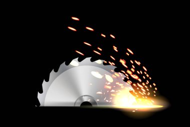 Dairesel testere tahta için yaratıcı vektör çizim, izole üzerinde şeffaf arka plan ile yangına kaynak metal işleri kıvılcım. Sanat tasarım şablonu. Soyut kavram grafik kaynak öğesi