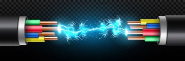 Renkli ara kablo, bakır teller devre ile arasında elektrik parlayan yıldırım yaratıcı vektör çizim üzerinde izole şeffaf arka plan kıvılcım. Sanat tasarım. Soyut kavram öğesi
