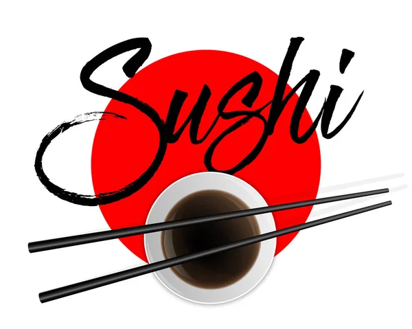 Ilustración vectorial creativa de palillos de comida de sushi con salsa de soja aislada sobre fondo transparente. Plantilla de utensilios de bambú asiático tradicional de diseño artístico. Concepto abstracto elemento gráfico — Vector de stock