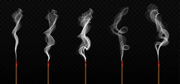 Творческая векторная иллюстрация реалистичного аромата ладана с дымом, выделенного на прозрачном фоне. Художественное сжигание благовоний. Абстрактная концепция китайского Нового года — стоковый вектор