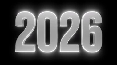 Animasyon 2026 numara 3d metin metali grisi siyah izole arkaplan. 4k video döngüsü